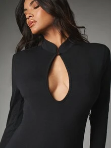 MISSGUIDED Long Sleeve Maxi Bodycon Dress With Keyhole Cut-Out High Neck And Thigh-High Side Slit For Evening Party Holiday Season - Black - View 5