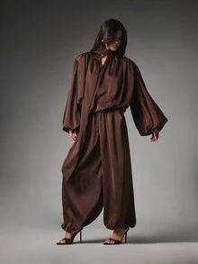 MISSGUIDED Satin Oversized Puff Sleeve Blouse With Tie Neck Detail Draped Gathered Back Longline Tunic Top Fall Winter - Coffee Brown - View 3