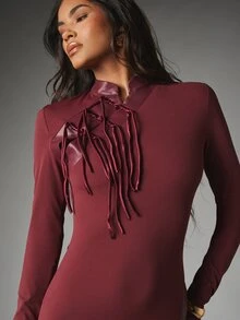 MISSGUIDED Burgundy Bodycon Mini Dress With Satin Lace-Up Chest Detail Long Sleeve High Neck Side Split Ruched Hem Party Night Out - Coffee - View 4
