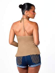BABYPHAT Strapless Peplum Top With Gold Cat Logo Print Ruched Bust Tie Back Flared Hem Summer Festival Night Out Top - Khaki - View 2