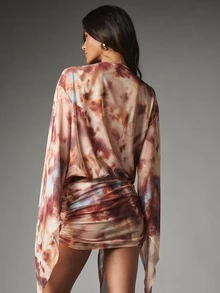 MISSGUIDED Gaun Mini Model Lilit Motif Tie Dye dengan Leher Berpotongan Dalam, Lengan Lonceng Ekstra Panjang, Hiasan Rhinestone, dan Pinggang Ramping untuk Pesta Musim Panas dan Festival. - MultiWarna - View 2