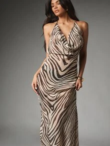 MISSGUIDED Gaun Satin Motif Zebra dengan Leher Model Halter dan Detail Tali di Bagian Belakang, Cocok untuk Acara Malam Hari dan Acara Formal Musim Panas - MultiWarna - View 3