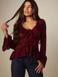 MISSGUIDED Floral Lace Ruffle Blouse With Bell Sleeves Tie Front Peplum Hem Sheer Long Sleeve Top Fall Winter Holiday Party - Burgundy - View 4