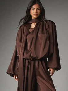 MISSGUIDED Satin Oversized Puff Sleeve Blouse With Tie Neck Detail Draped Gathered Back Longline Tunic Top Fall Winter - Coffee Brown - View 1