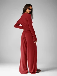 MISSGUIDED Long Sleeve Buttoned Top And Wide Leg Drawstring Trousers With Elastic Waist Full Length Flowy Palazzo Pants Casual Everyday Comfort Fall Winter - Red - View 2
