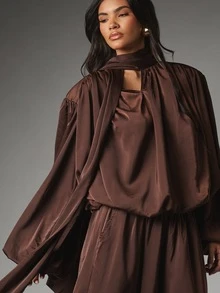 MISSGUIDED Satin Oversized Puff Sleeve Blouse With Tie Neck Detail Draped Gathered Back Longline Tunic Top Fall Winter - Coffee Brown - View 4