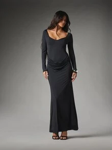 MISSGUIDED Gaun Malam Model Duyung Lengan Panjang dengan Leher Bentuk Hati dan Korset, Model Berkerut, Cocok untuk Pesta Liburan dan Acara Formal - Hitam - View 1