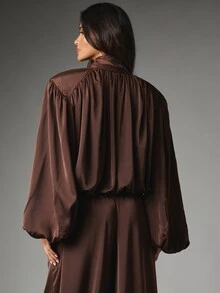 MISSGUIDED Satin Oversized Puff Sleeve Blouse With Tie Neck Detail Draped Gathered Back Longline Tunic Top Fall Winter - Coffee Brown - View 2