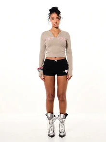 BABYPHAT Ribbed Long Sleeve Crop Top With V-Notch Neckline And Logo Graphic Print - Y2K Retro Style Fall Winter - Khaki - View 3
