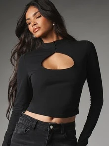 MISSGUIDED High Neck Long Sleeve Cut-Out Crop Top Slim Fit Fall Winter Night Out Party Night Out Essential - Black - View 1