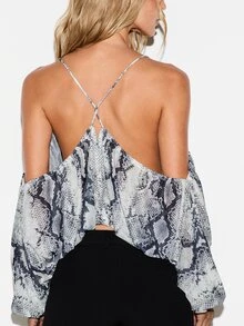 KIZN Blus Crop Model Halter Neck Berpotongan Rendah Motif Ular dengan Lengan Lonceng, Model Bahu Terbuka, Atasan untuk Pesta Malam Hari, Musim Panas, dan Festival. - Hitam dan Putih - View 4