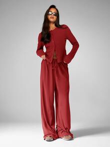 MISSGUIDED Long Sleeve Buttoned Top And Wide Leg Drawstring Trousers With Elastic Waist Full Length Flowy Palazzo Pants Casual Everyday Comfort Fall Winter - Red - View 3