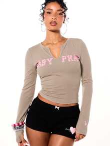 BABYPHAT Ribbed Long Sleeve Crop Top With V-Notch Neckline And Logo Graphic Print - Y2K Retro Style Fall Winter - Khaki - View 7