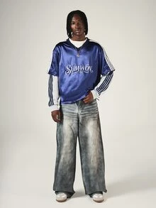 SUMWON Oversized Satin V-Neck Jersey Top With Embroidered Logo And Contrast Side Stripe Detail - Royal Blue - View 3