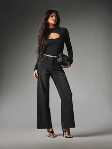 MISSGUIDED High Neck Long Sleeve Cut-Out Crop Top Slim Fit Fall Winter Night Out Party Night Out Essential - Black - View 3