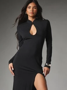 MISSGUIDED Long Sleeve Maxi Bodycon Dress With Keyhole Cut-Out High Neck And Thigh-High Side Slit For Evening Party Holiday Season - Black - View 3