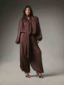MISSGUIDED Satin Wide Leg Palazzo Pants With Elastic Waist And Ankle Gathered Hem Flowy Draped Silhouette Holiday Evening Occasion - Coffee Brown - View 2