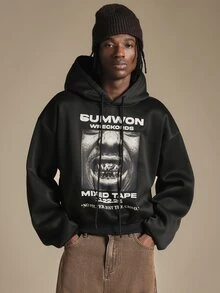 SUMWON Wreckords Mixed Tape Oversized Graphic Hoodie With Full Front Photographic Print And Drawstring Hood For Fall Winter - Black - View 1