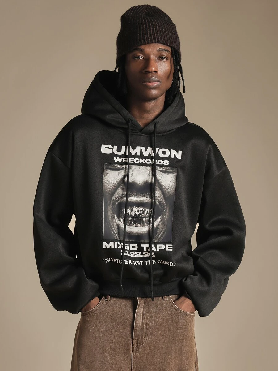 SUMWON Wreckords Mixed Tape Oversized Graphic Hoodie With Full Front Photographic Print And Drawstring Hood For Fall Winter - Black - View 1