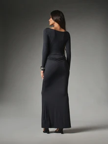 MISSGUIDED Gaun Malam Model Duyung Lengan Panjang dengan Leher Bentuk Hati dan Korset, Model Berkerut, Cocok untuk Pesta Liburan dan Acara Formal - Hitam - View 2