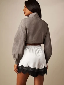 MISSGUIDED Satin Lace Trim Mini Shorts With Drawstring Elastic Waist Eyelash Lace Hem Detail Sleepwear Loungewear Spring Summer - Black and White - View 3