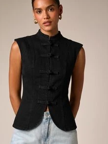 AiiRZ Denim Vest With Mandarin Collar And Chinese Frog Button Closure Structured Sleeveless Jacket Spring Summer Outerwear - Black - View 5