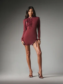 MISSGUIDED Burgundy Bodycon Mini Dress With Satin Lace-Up Chest Detail Long Sleeve High Neck Side Split Ruched Hem Party Night Out - Coffee - View 3
