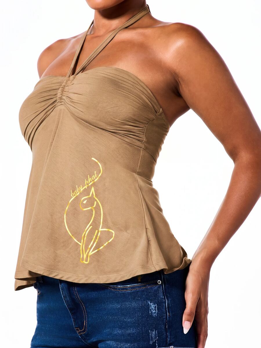 BABYPHAT Strapless Peplum Top With Gold Cat Logo Print Ruched Bust Tie Back Flared Hem Summer Festival Night Out Top - Khaki - View 1