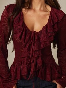 MISSGUIDED Floral Lace Ruffle Blouse With Bell Sleeves Tie Front Peplum Hem Sheer Long Sleeve Top Fall Winter Holiday Party - Burgundy - View 5