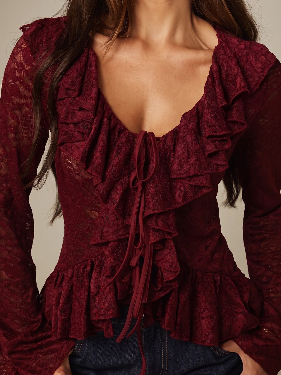 MISSGUIDED Floral Lace Blouse With Ruffle Front And Bell Sleeves