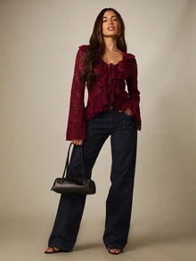 MISSGUIDED Floral Lace Ruffle Blouse With Bell Sleeves Tie Front Peplum Hem Sheer Long Sleeve Top Fall Winter Holiday Party - Burgundy - View 3