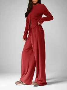 MISSGUIDED Long Sleeve Buttoned Top And Wide Leg Drawstring Trousers With Elastic Waist Full Length Flowy Palazzo Pants Casual Everyday Comfort Fall Winter - Red - View 5