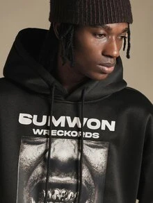 SUMWON Wreckords Mixed Tape Oversized Graphic Hoodie With Full Front Photographic Print And Drawstring Hood For Fall Winter - Black - View 5