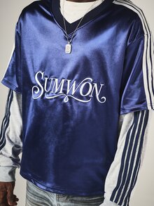 SUMWON Oversized Satin V-Neck Jersey Top With Embroidered Logo And Contrast Side Stripe Detail - Royal Blue - View 5