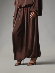MISSGUIDED Satin Wide Leg Palazzo Pants With Elastic Waist And Ankle Gathered Hem Flowy Draped Silhouette Holiday Evening Occasion - Coffee Brown - View 1