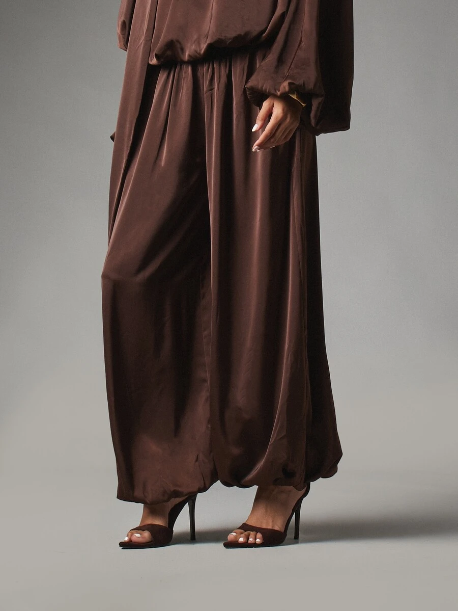 MISSGUIDED Satin Wide Leg Palazzo Pants With Elastic Waist And Ankle Gathered Hem Flowy Draped Silhouette Holiday Evening Occasion - Coffee Brown - View 1