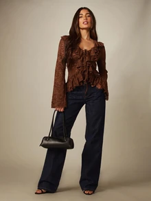 MISSGUIDED Lace Ruffle Blouse Long Bell Sleeve V-Neck Tie Front Peplum Hem Floral Lace Top Fall Winter Boho Party - Brown - View 3