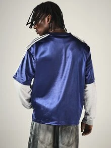 SUMWON Oversized Satin V-Neck Jersey Top With Embroidered Logo And Contrast Side Stripe Detail - Royal Blue - View 2