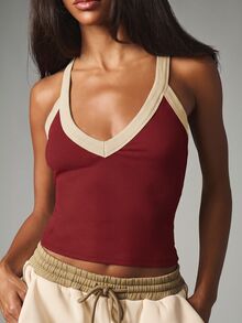 MISSGUIDED Ribbed Crop Tank Top With V-Neck And Contrast Trim Straps - Sleeveless Fitted Summer Casual Everyday Top - Burgundy - View 5