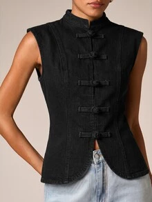 AiiRZ Denim Vest With Mandarin Collar And Chinese Frog Button Closure Structured Sleeveless Jacket Spring Summer Outerwear - Black - View 6