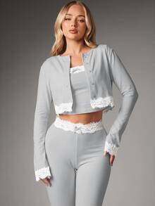 MISSGUIDED Celana Legging Capri Pendek dengan Trim Renda Pinggang Tinggi dan Detail Atasan Estetika Genit, Set Pakaian Kasual Liburan Musim Semi/Panas - Light Grey - View 5