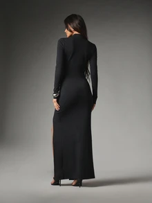 MISSGUIDED Long Sleeve Maxi Bodycon Dress With Keyhole Cut-Out High Neck And Thigh-High Side Slit For Evening Party Holiday Season - Black - View 2