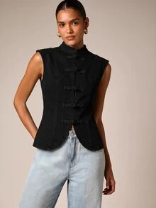 AiiRZ Denim Vest With Mandarin Collar And Chinese Frog Button Closure Structured Sleeveless Jacket Spring Summer Outerwear - Black - View 1
