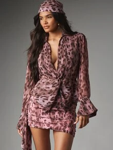 MISSGUIDED Leopard Print Satin Co-Ord Set With Plunge Neck Tie Front Blouse And Ruched Mini Skirt With Bell Sleeves Party - Multicolor - View 4