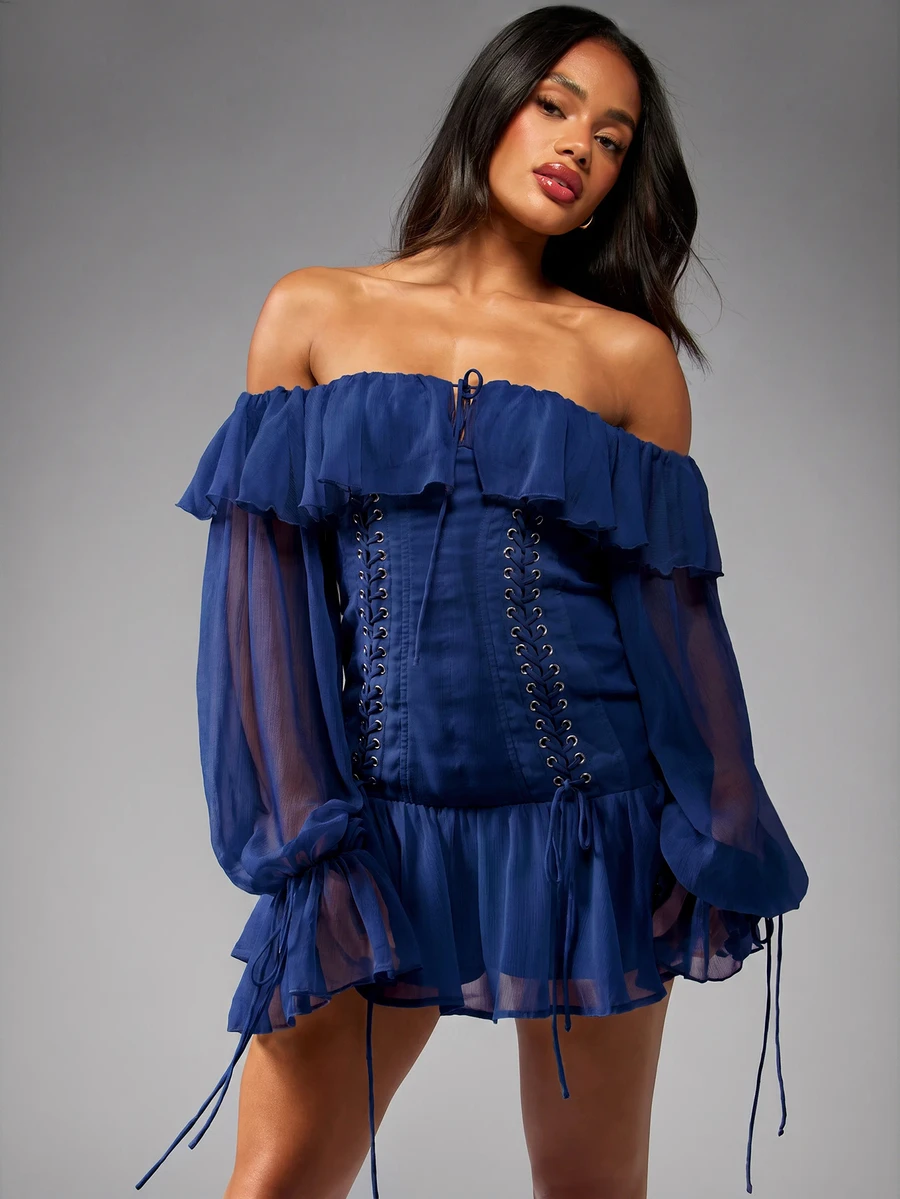 MISSGUIDED Cold Shoulder Corset Mini Dress With Ruffle Trim Lace-Up Detail And Sheer Bishop Sleeves For Party And Festival Season - Navy Blue - View 1