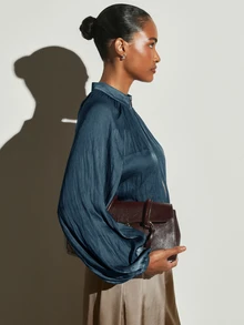 KSTM Satin Zip-Up Bomber Blouse With Gathered Ruched Neckline Long Balloon Sleeves Elasticated Hem Fall Winter Top - Teal Blue - View 2