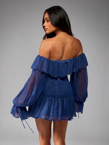 MISSGUIDED Cold Shoulder Corset Mini Dress With Ruffle Trim Lace-Up Detail And Sheer Bishop Sleeves For Party And Festival Season - Navy Blue - View 2