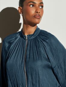 KSTM Satin Zip-Up Bomber Blouse With Gathered Ruched Neckline Long Balloon Sleeves Elasticated Hem Fall Winter Top - Teal Blue - View 5