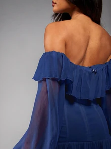 MISSGUIDED Cold Shoulder Corset Mini Dress With Ruffle Trim Lace-Up Detail And Sheer Bishop Sleeves For Party And Festival Season - Navy Blue - View 5