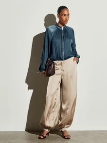 KSTM Satin Zip-Up Bomber Blouse With Gathered Ruched Neckline Long Balloon Sleeves Elasticated Hem Fall Winter Top - Teal Blue - View 3